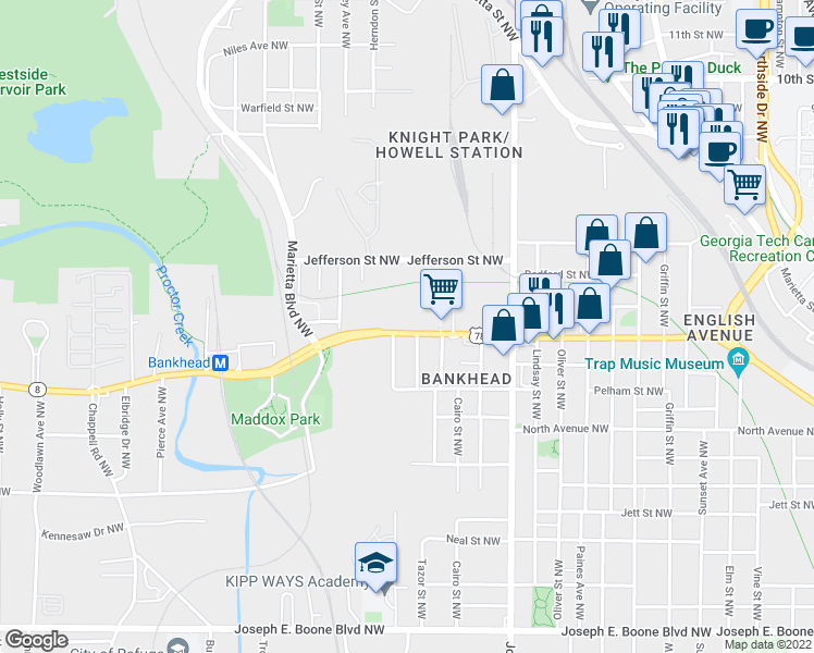 map of restaurants, bars, coffee shops, grocery stores, and more near 1045 Donald Lee Hollowell Parkway Northwest in Atlanta