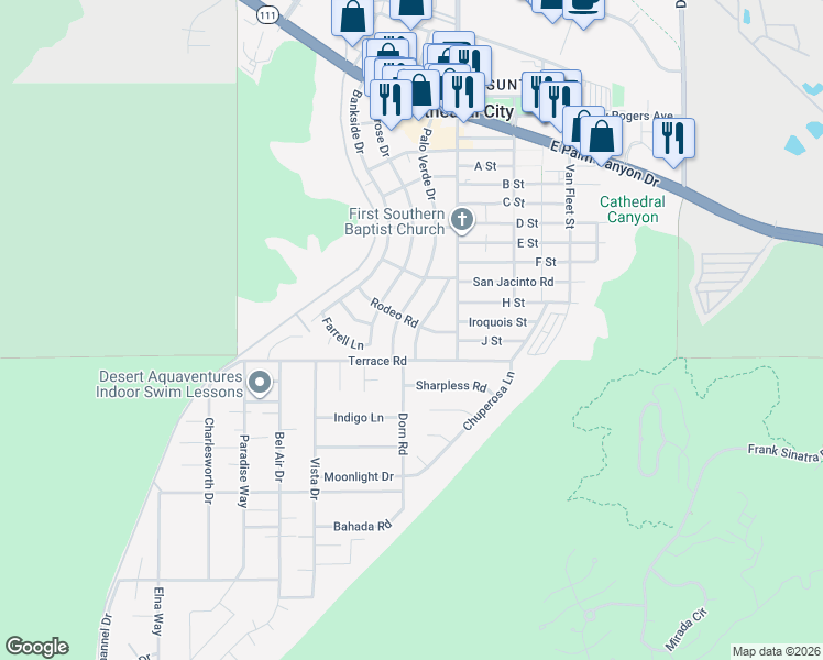 map of restaurants, bars, coffee shops, grocery stores, and more near 37779 Palo Verde Drive in Cathedral City