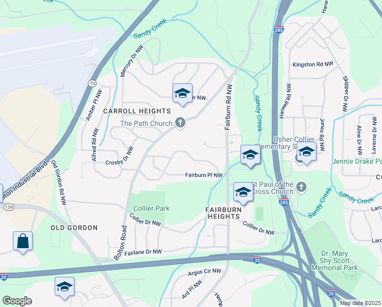 map of restaurants, bars, coffee shops, grocery stores, and more near 3429 Adkins Road Northwest in Atlanta