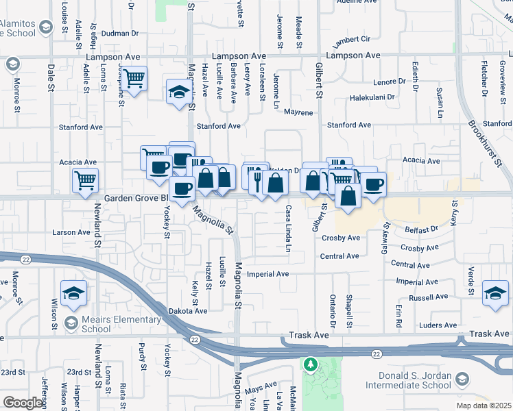 map of restaurants, bars, coffee shops, grocery stores, and more near 9258 Nichols Drive in Garden Grove