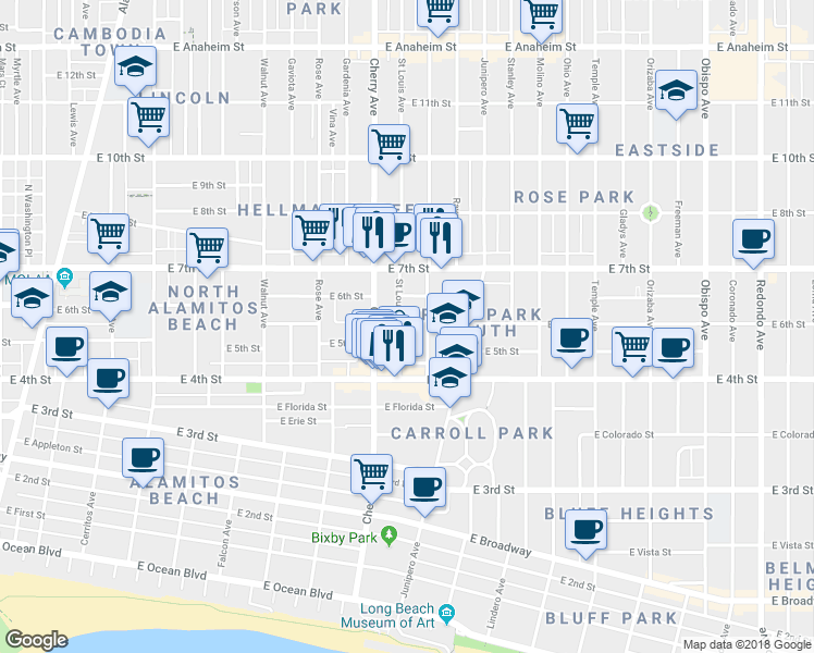 map of restaurants, bars, coffee shops, grocery stores, and more near 496 Saint Louis Avenue in Long Beach