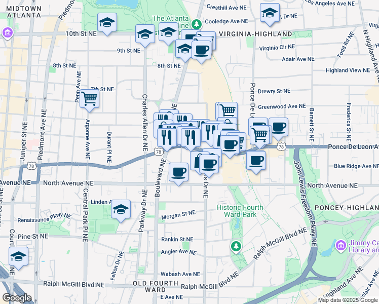 map of restaurants, bars, coffee shops, grocery stores, and more near 547 Ponce De Leon Avenue Northeast in Atlanta