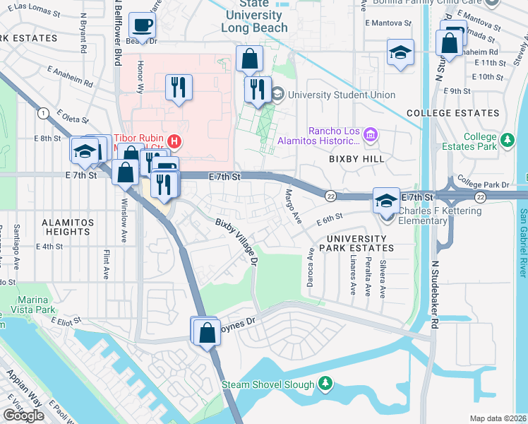 map of restaurants, bars, coffee shops, grocery stores, and more near 480 Kakkis Drive in Long Beach