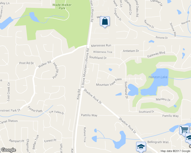 map of restaurants, bars, coffee shops, grocery stores, and more near 5539 Mountain View Pass in Stone Mountain