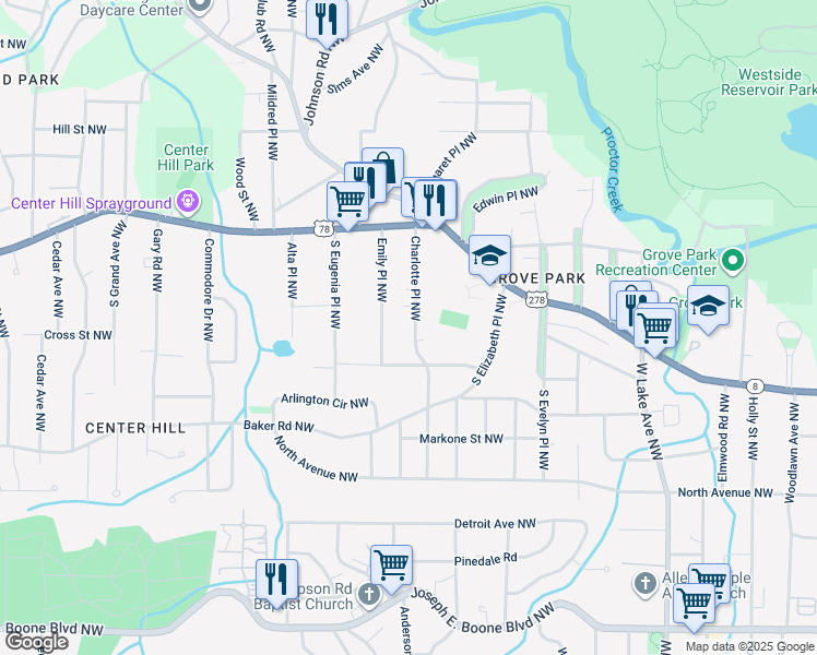 map of restaurants, bars, coffee shops, grocery stores, and more near 678 Charlotte Place Northwest in Atlanta