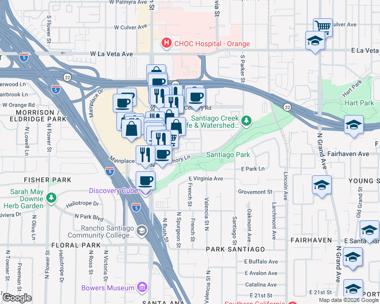 map of restaurants, bars, coffee shops, grocery stores, and more near 347 East Memory Lane in Santa Ana