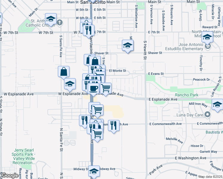 map of restaurants, bars, coffee shops, grocery stores, and more near 315 East Esplanade Avenue in San Jacinto