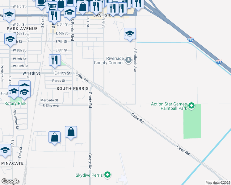 map of restaurants, bars, coffee shops, grocery stores, and more near 2 North Perris Boulevard in Perris