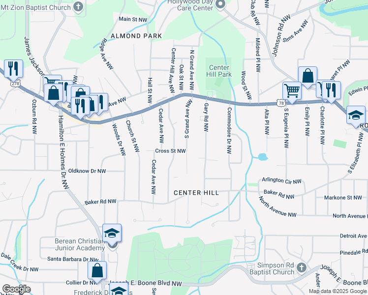 map of restaurants, bars, coffee shops, grocery stores, and more near 676 South Grand Avenue Northwest in Atlanta
