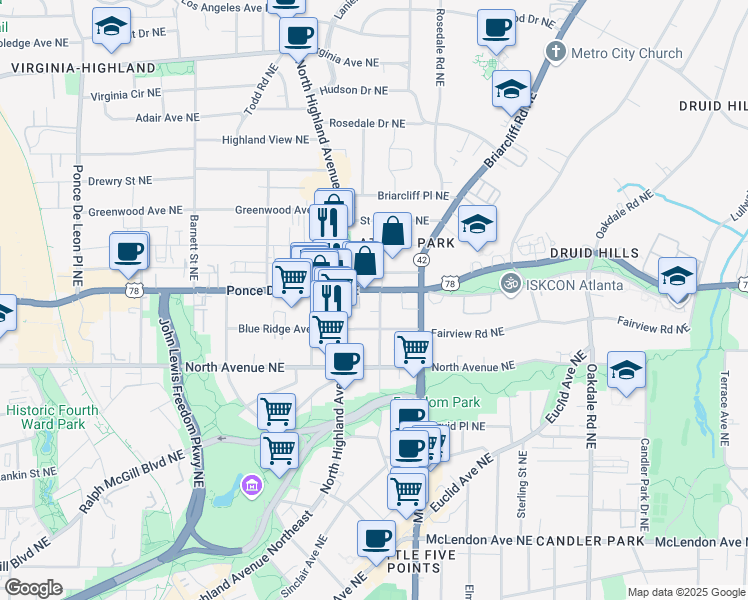 map of restaurants, bars, coffee shops, grocery stores, and more near 1115 Ponce De Leon Avenue Northeast in Atlanta