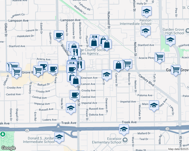 map of restaurants, bars, coffee shops, grocery stores, and more near 10146 Andy Reese Court in Garden Grove