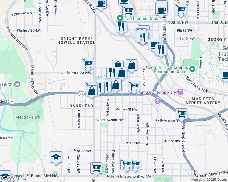 map of restaurants, bars, coffee shops, grocery stores, and more near 687 Banton Drive Northwest in Atlanta