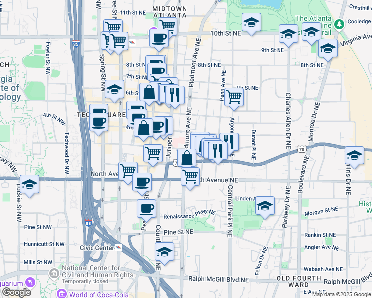 map of restaurants, bars, coffee shops, grocery stores, and more near Piedmont Avenue Northeast & 3rd Street Northeast in Atlanta