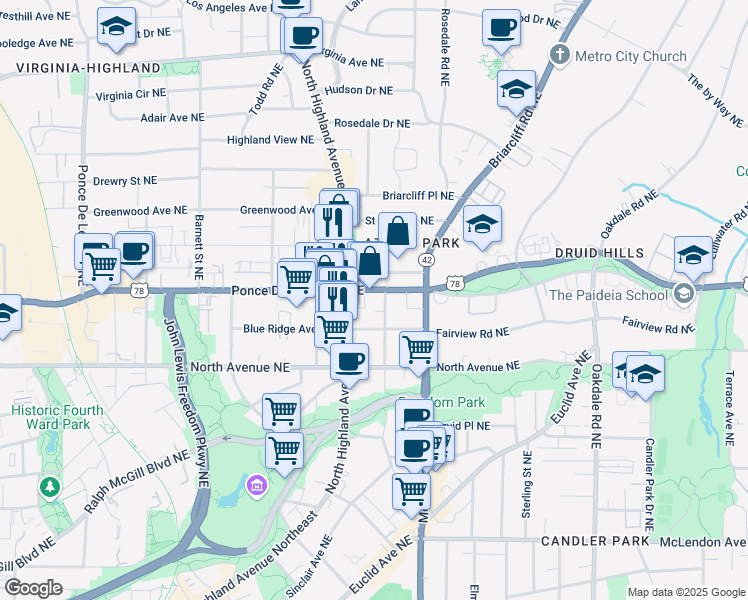 map of restaurants, bars, coffee shops, grocery stores, and more near 1107 Ponce De Leon Avenue Northeast in Atlanta