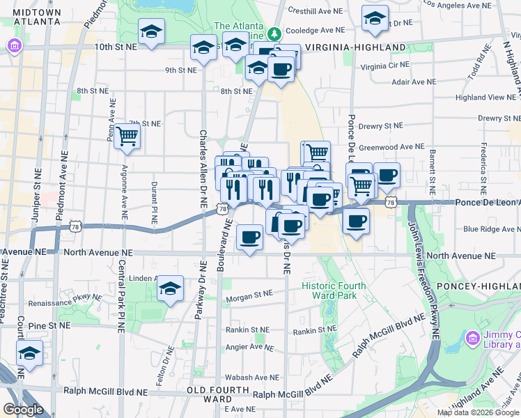 map of restaurants, bars, coffee shops, grocery stores, and more near 548 Ponce De Leon Avenue Northeast in Atlanta