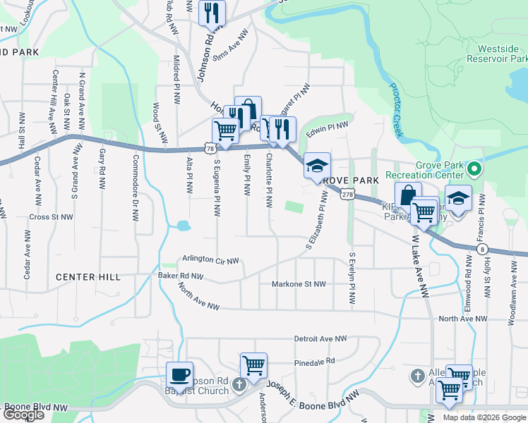 map of restaurants, bars, coffee shops, grocery stores, and more near 678 Charlotte Place Northwest in Atlanta