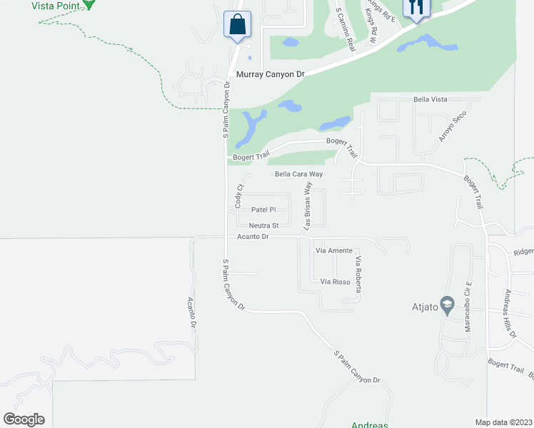 map of restaurants, bars, coffee shops, grocery stores, and more near 365 Patel Place in Palm Springs