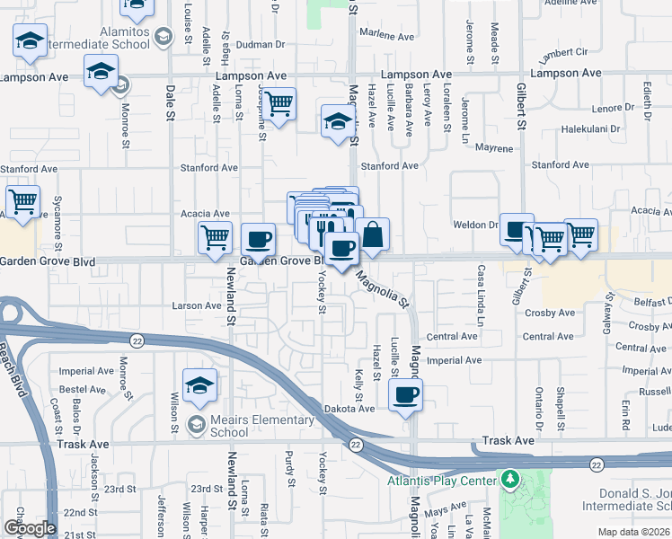 map of restaurants, bars, coffee shops, grocery stores, and more near 8902 Garden Grove Boulevard in Garden Grove