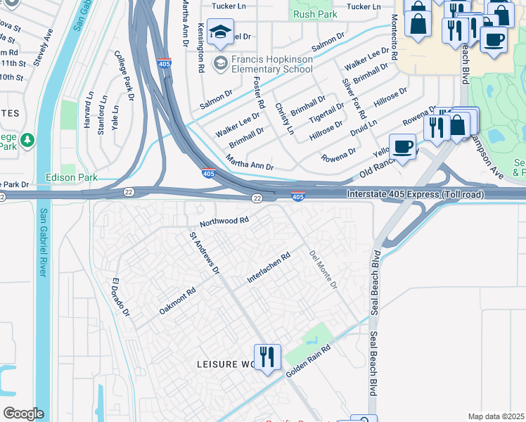 map of restaurants, bars, coffee shops, grocery stores, and more near 1600 Northwood Road in Seal Beach