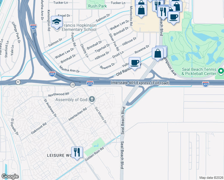 map of restaurants, bars, coffee shops, grocery stores, and more near 1921 Saint John Road in Seal Beach