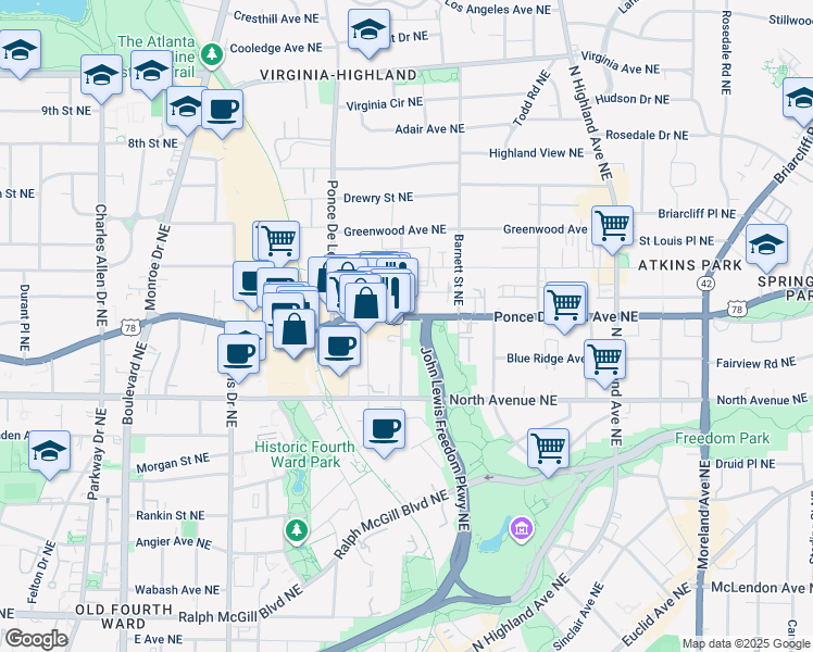 map of restaurants, bars, coffee shops, grocery stores, and more near 685 Bonaventure Avenue Northeast in Atlanta