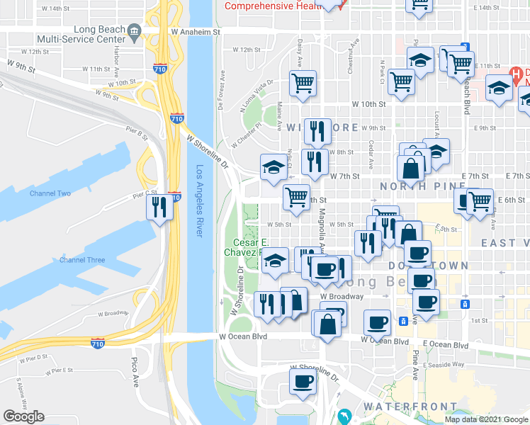 map of restaurants, bars, coffee shops, grocery stores, and more near 528 Golden Avenue in Long Beach