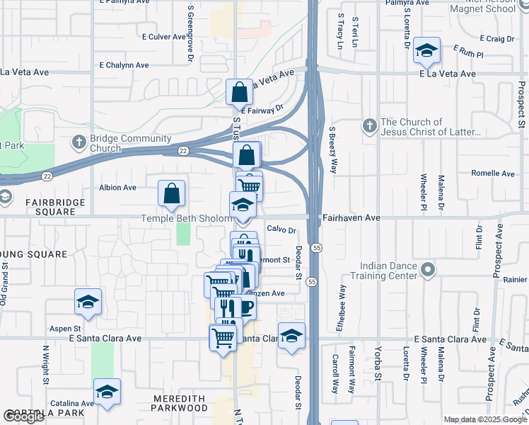 map of restaurants, bars, coffee shops, grocery stores, and more near 1833 East Stearns Avenue in Orange