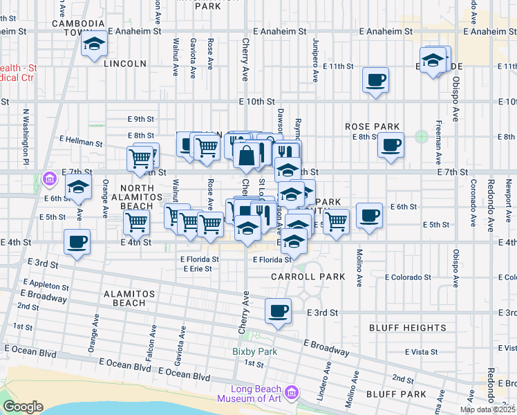 map of restaurants, bars, coffee shops, grocery stores, and more near 535 Saint Louis Avenue in Long Beach