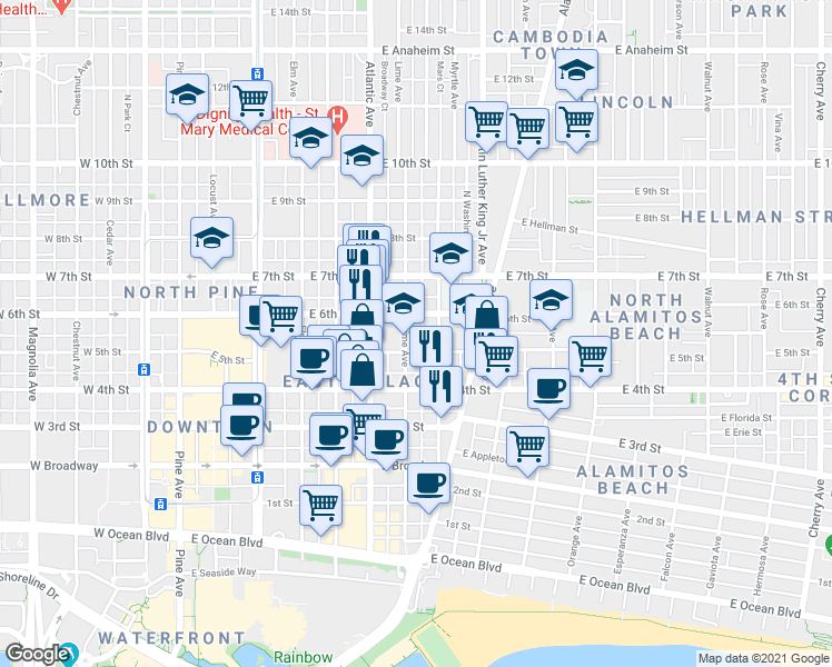 map of restaurants, bars, coffee shops, grocery stores, and more near in Long Beach