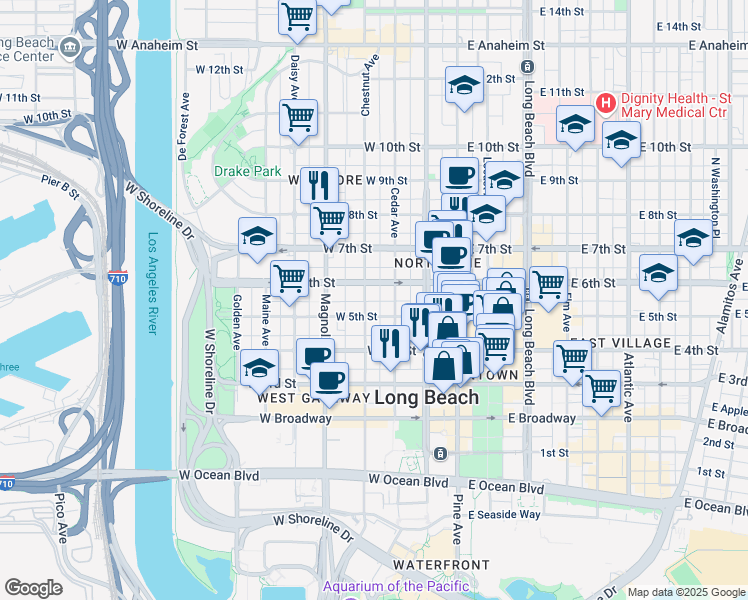 map of restaurants, bars, coffee shops, grocery stores, and more near 314 West 6th Street in Long Beach