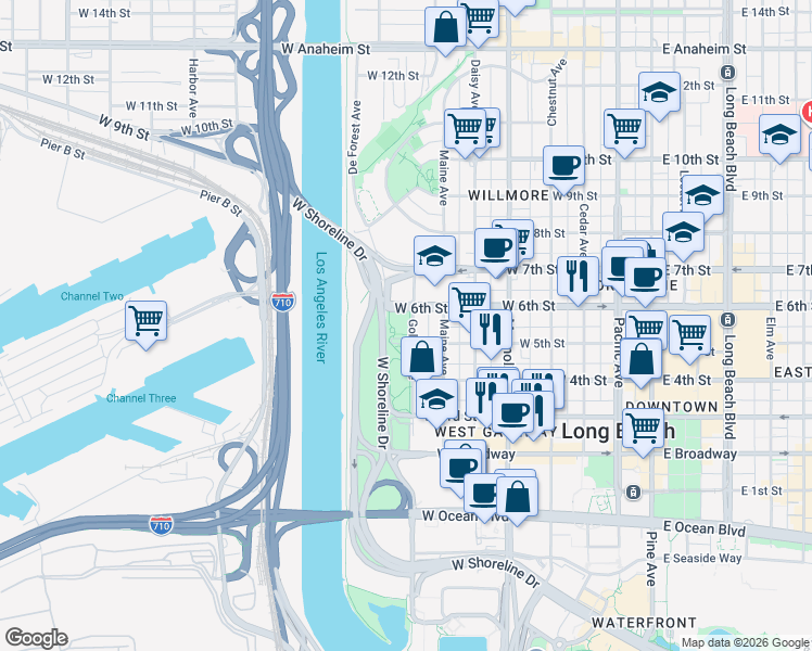 map of restaurants, bars, coffee shops, grocery stores, and more near 726 West 6th Street in Long Beach