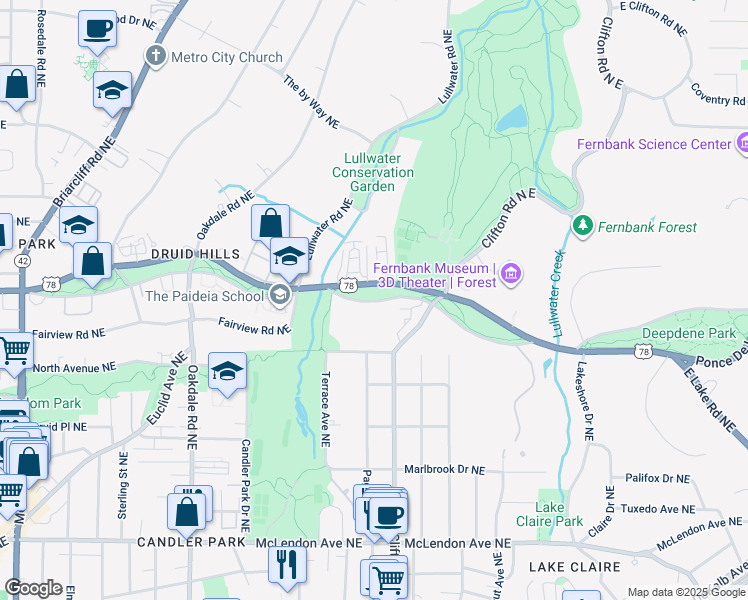 map of restaurants, bars, coffee shops, grocery stores, and more near 9 Lullwater Estate Northeast in Atlanta
