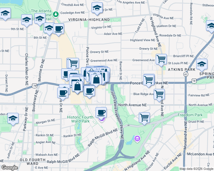map of restaurants, bars, coffee shops, grocery stores, and more near 790 Ponce De Leon Avenue Northeast in Atlanta
