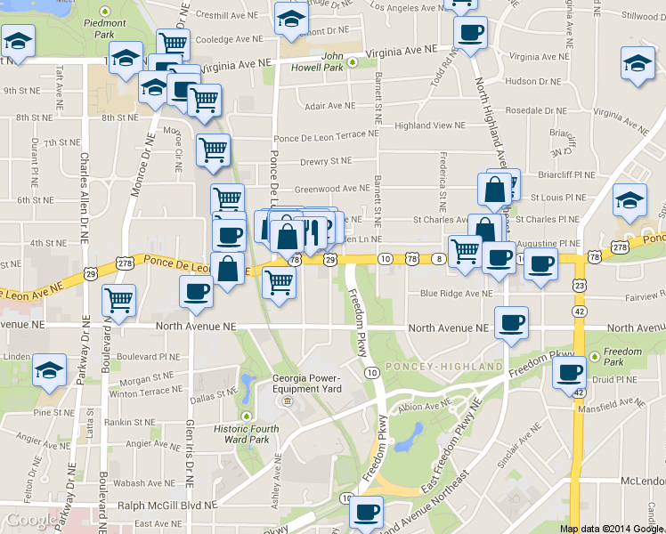 map of restaurants, bars, coffee shops, grocery stores, and more near 790 Ponce De Leon Avenue Northeast in Atlanta