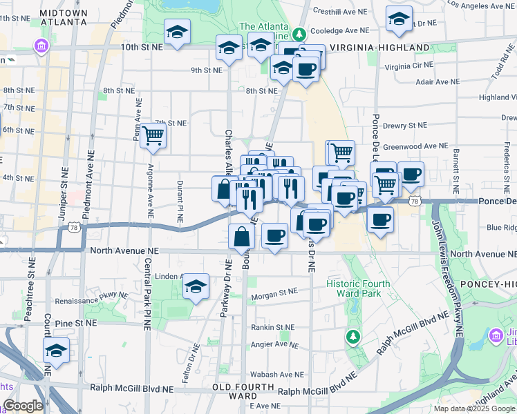 map of restaurants, bars, coffee shops, grocery stores, and more near 494 Ponce De Leon Avenue Northeast in Atlanta