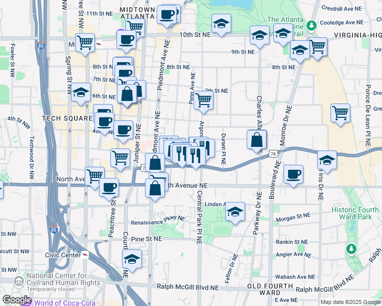map of restaurants, bars, coffee shops, grocery stores, and more near 710 Argonne Avenue Northeast in Atlanta