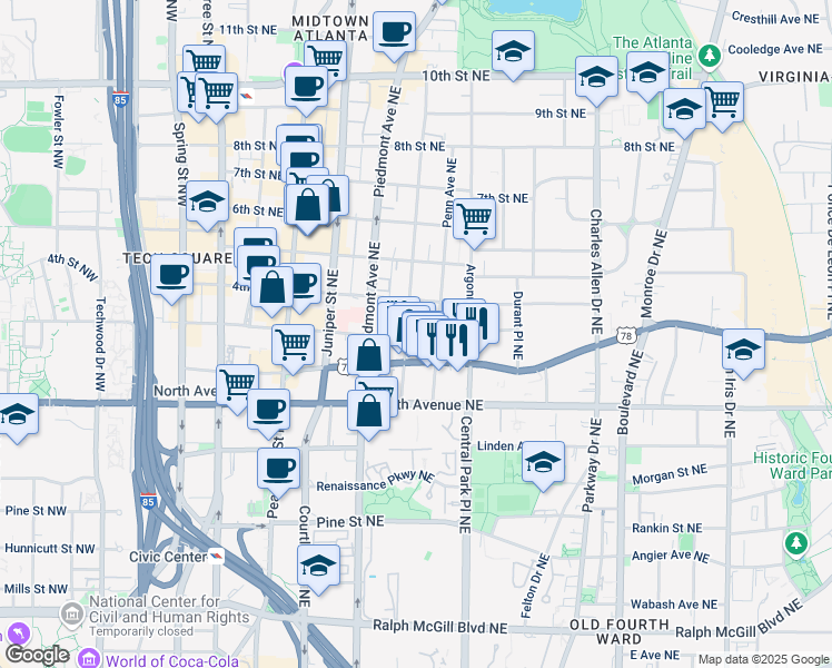 map of restaurants, bars, coffee shops, grocery stores, and more near 693 Myrtle Street Northeast in Atlanta