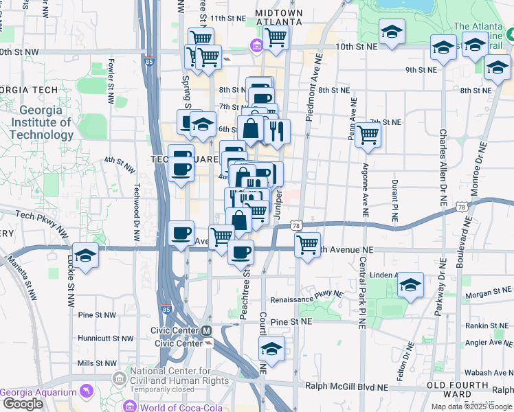map of restaurants, bars, coffee shops, grocery stores, and more near 693 Peachtree Street Northeast in Atlanta