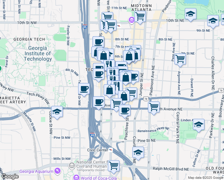 map of restaurants, bars, coffee shops, grocery stores, and more near in Atlanta