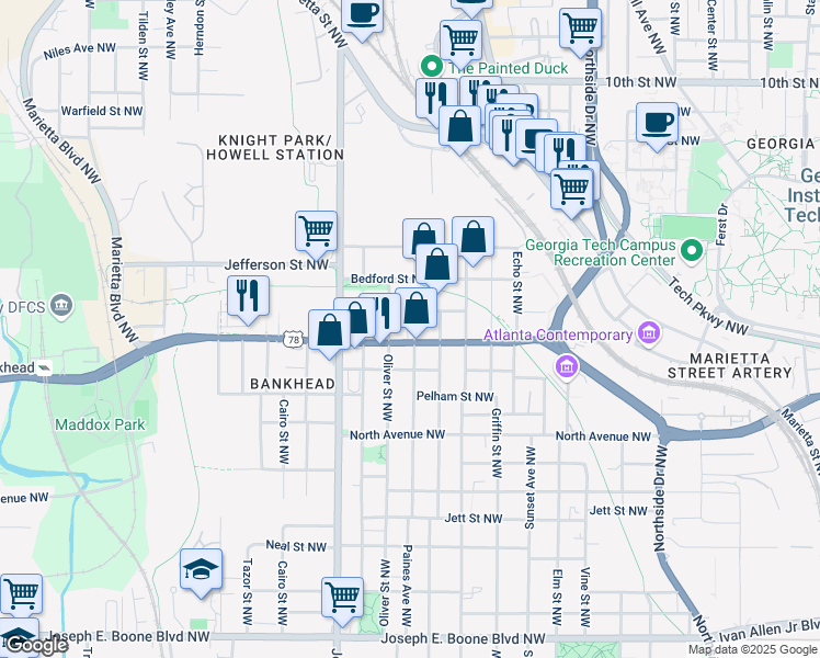 map of restaurants, bars, coffee shops, grocery stores, and more near 687 Banton Drive Northwest in Atlanta