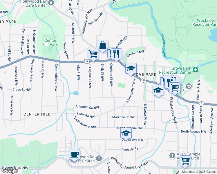map of restaurants, bars, coffee shops, grocery stores, and more near 678 Charlotte Place Northwest in Atlanta