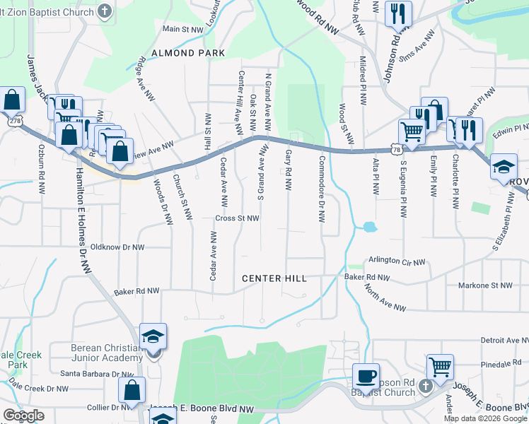 map of restaurants, bars, coffee shops, grocery stores, and more near 691 South Grand Avenue Northwest in Atlanta