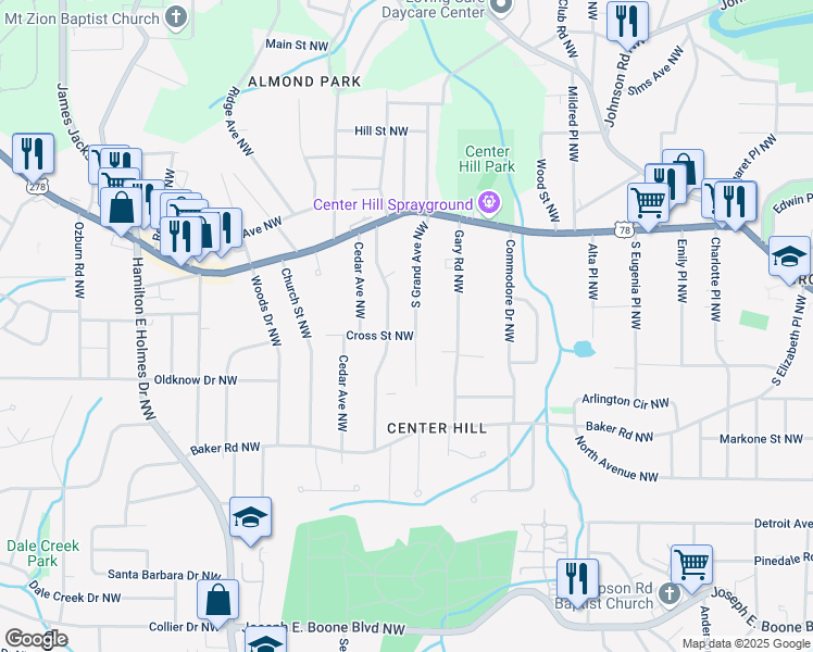 map of restaurants, bars, coffee shops, grocery stores, and more near 676 South Grand Avenue Northwest in Atlanta