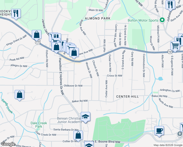 map of restaurants, bars, coffee shops, grocery stores, and more near 698 Church Street Northwest in Atlanta