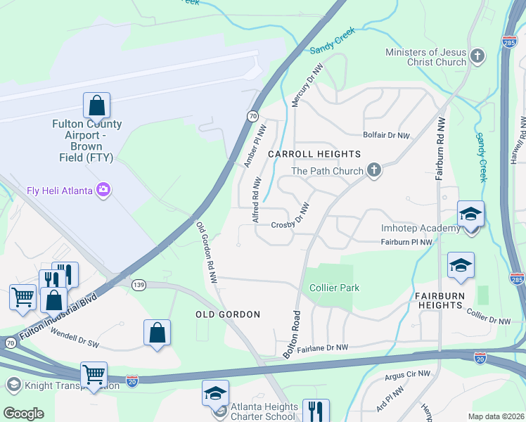 map of restaurants, bars, coffee shops, grocery stores, and more near 710 Alfred Road Northwest in Atlanta