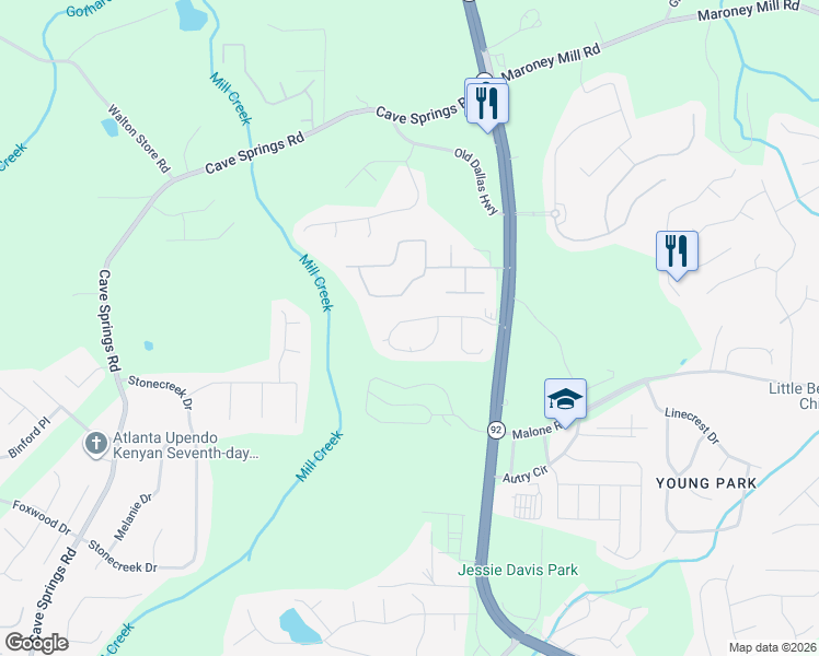 map of restaurants, bars, coffee shops, grocery stores, and more near 5365 Brickleberry Way in Douglasville