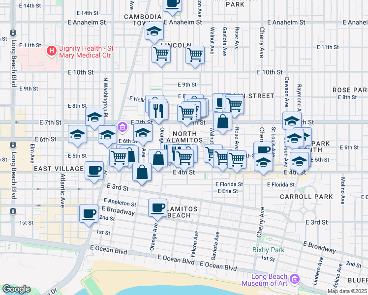 map of restaurants, bars, coffee shops, grocery stores, and more near 494 Almond Avenue in Long Beach