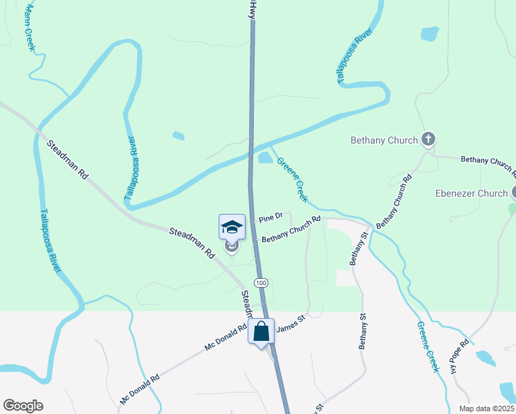 map of restaurants, bars, coffee shops, grocery stores, and more near 4637 Georgia 100 in Tallapoosa