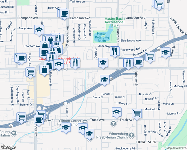 map of restaurants, bars, coffee shops, grocery stores, and more near 13102 Partridge Street in Garden Grove