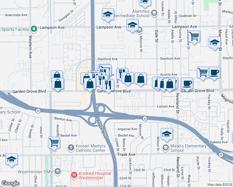 map of restaurants, bars, coffee shops, grocery stores, and more near 8142 Garden Grove Boulevard in Garden Grove